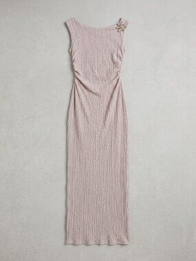 See You Monday Popcorn Textured Maxi Dress Beige Gold Brooch Ruched Women L NWOT